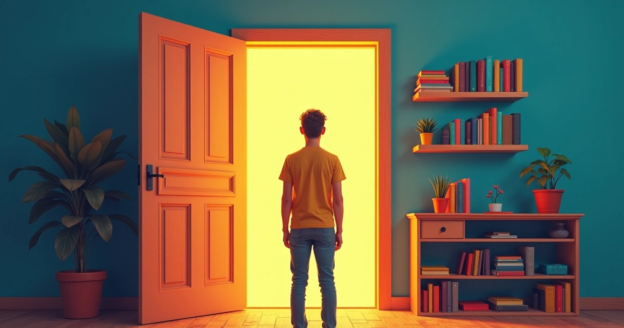 Pessoa diante de porta aberta com luz saindo de dentro 