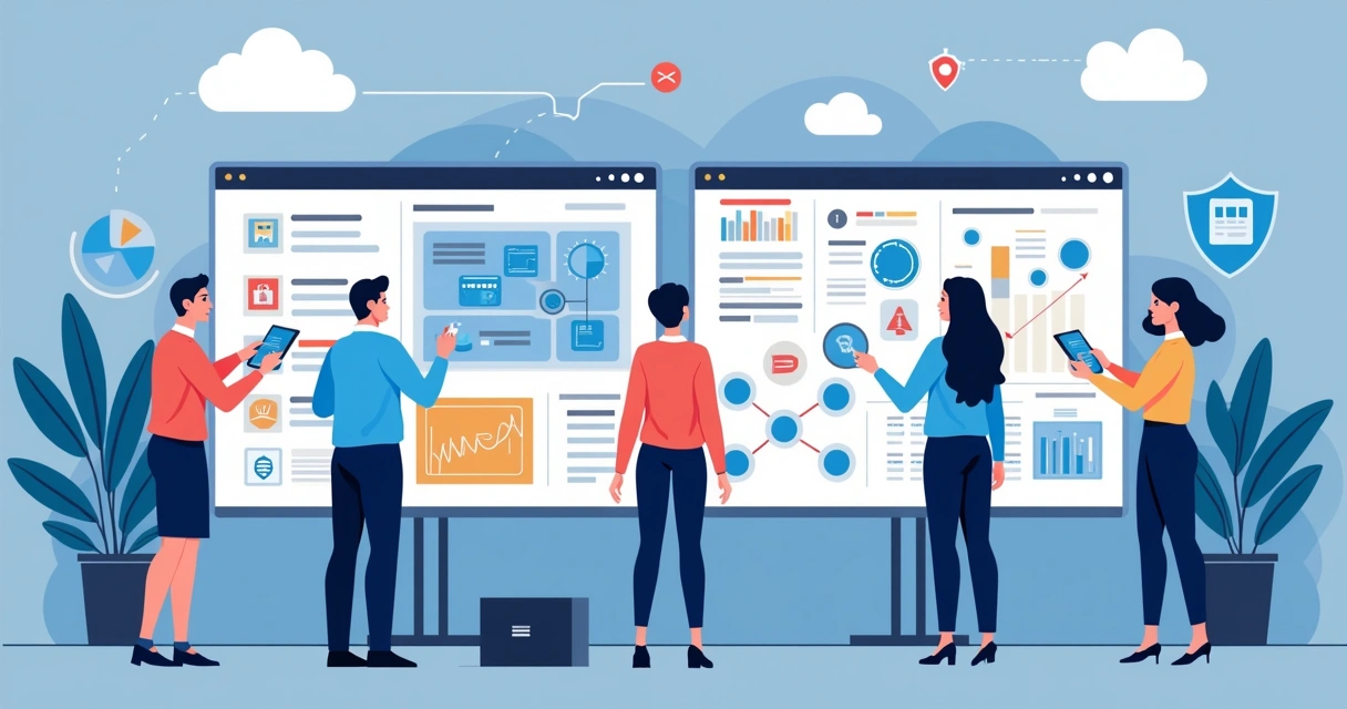Equipe de TI diante de telas de sistema com gráficos