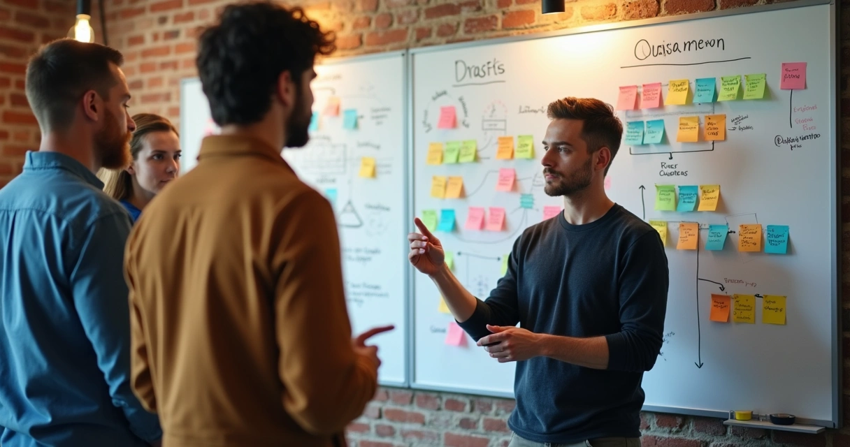 Profissionais de sucesso do cliente analisam juntos obstáculos em frente a um quadro com post-its e gráficos 