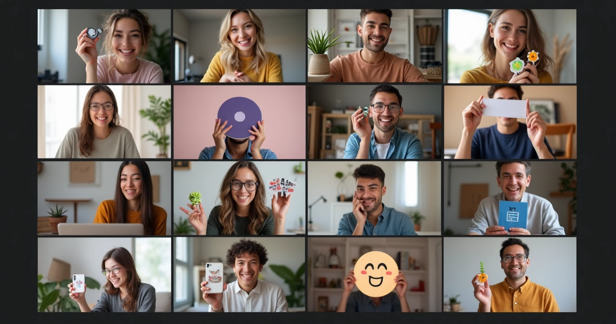 Reunião online com pessoas mostrando objetos criativos