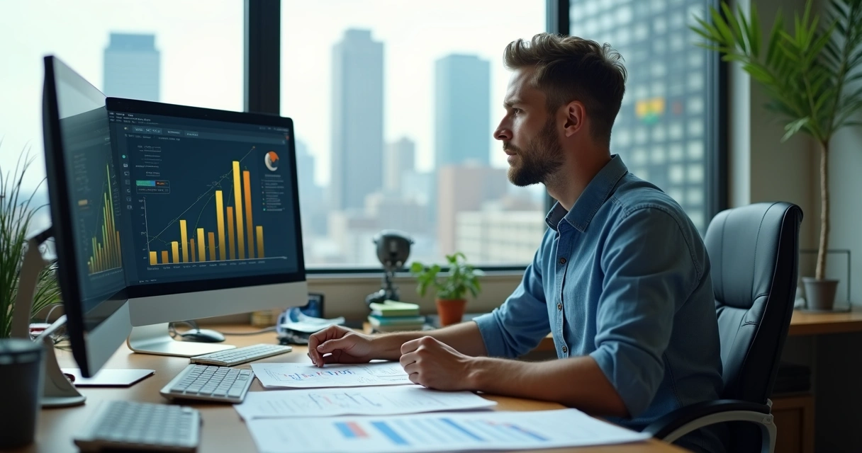 Empreendedor analisando gráficos e documentos em escritório nos EUA 