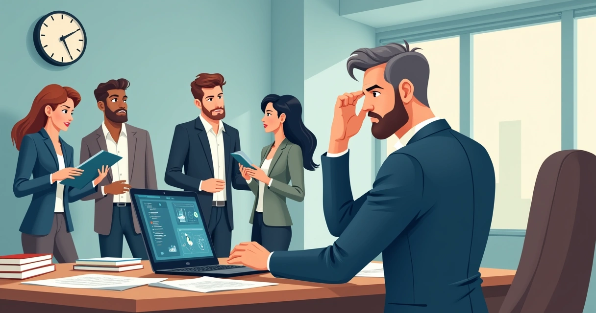 Advogado preocupado com a adoção de IA, escritório bagunçado, colegas discutindo treinamento em tecnologia.
