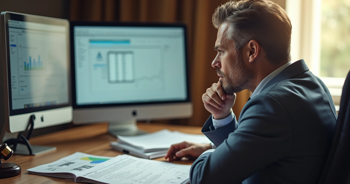 Advogado revisando legislação com anúncios digitais abertos ao fundo