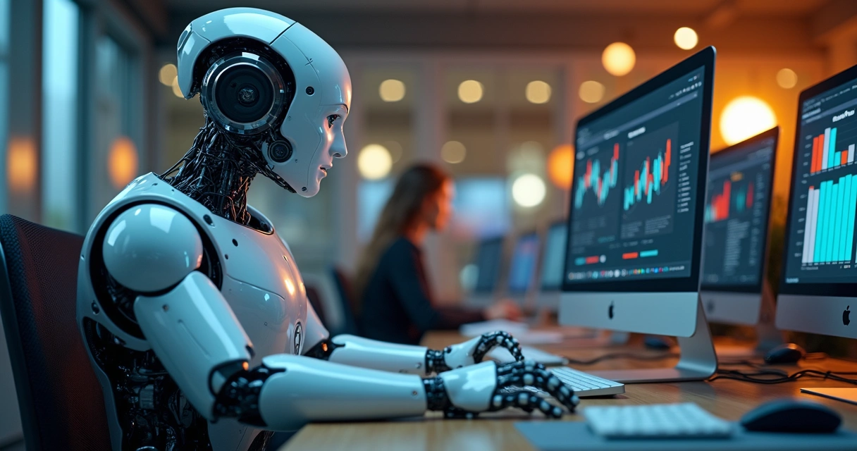 Desafio de robôs e humanos trabalhando juntos lado a lado em um escritório de marketing 