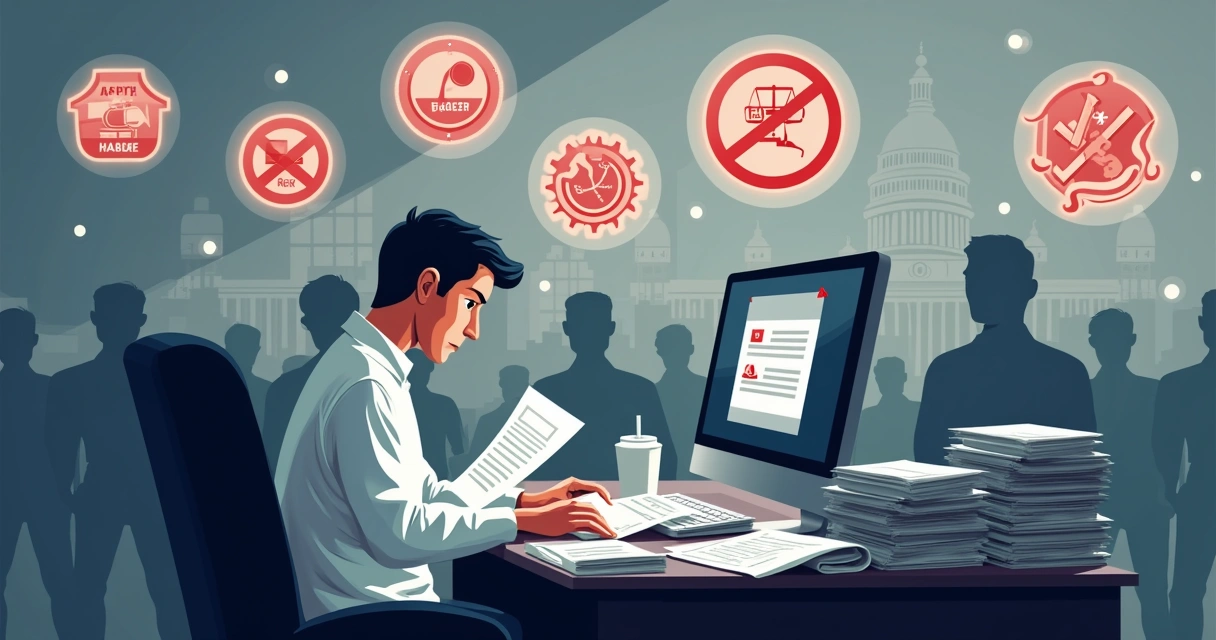 Ambiente de escritório em caos, retratando desafios de mudanças regulatórias no Bacen, com um oficial de compliance estressado.