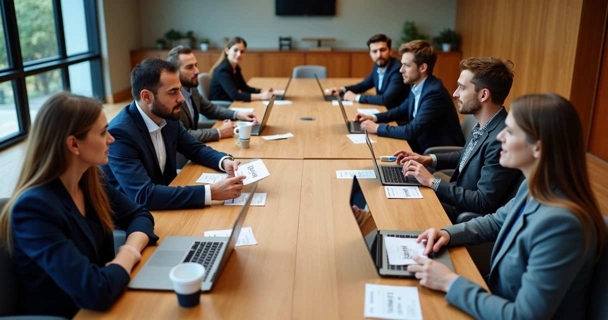 Equipe discutindo benefícios e desafios do outbound marketing ao redor de uma mesa de reuniões 