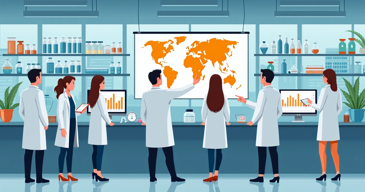 Equipe de pesquisadores discutindo dados em laboratório de biomonitoramento 