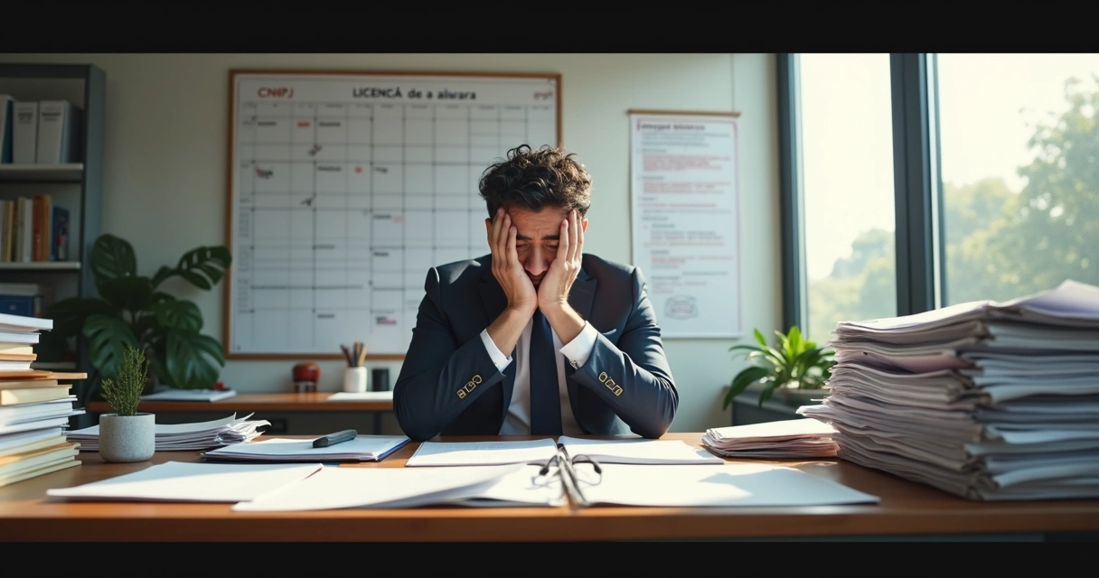Empresário diante de papéis e carimbos burocráticos