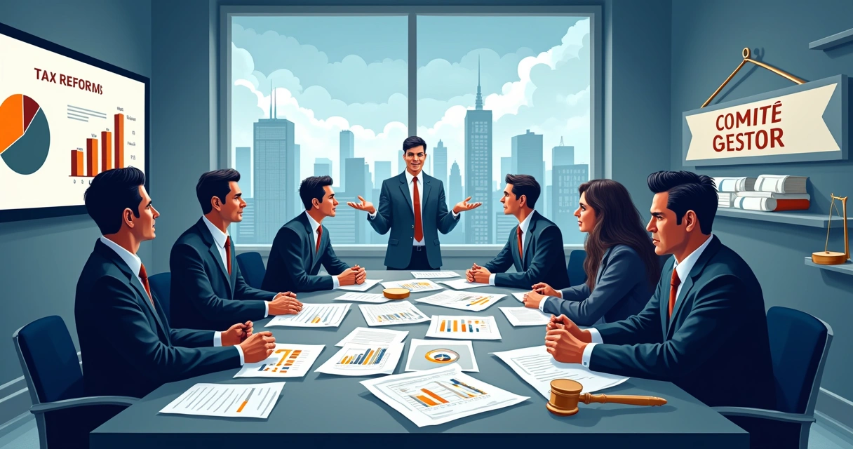Ilustração de uma sala de reuniões com equipe discutindo reforma tributária e desafios fiscais.