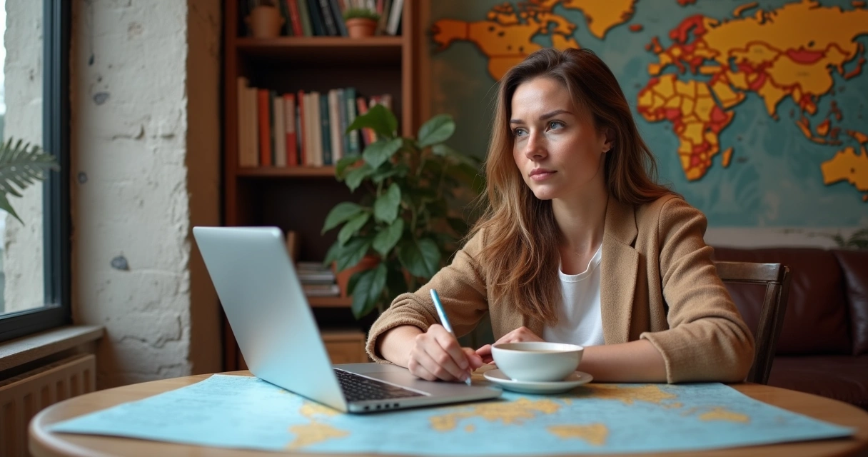 Mulher analisando mapa astral e notas em uma cafeteria, com laptop, caderno e café. 