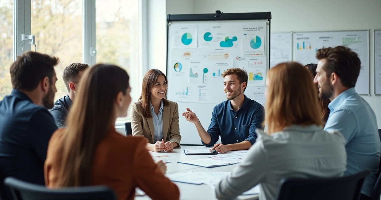 Equipe de pessoas sentadas em círculo em sala de reunião, reunidas discutindo ideias, quadro branco ao fundo com gráficos desenhados 