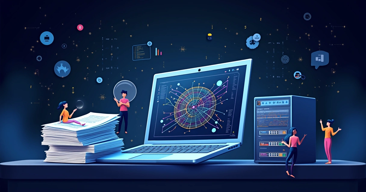 Computador mostrando dados de deep learning, pilha de folhas de dados, hardware poderoso em fundo tecnológico.