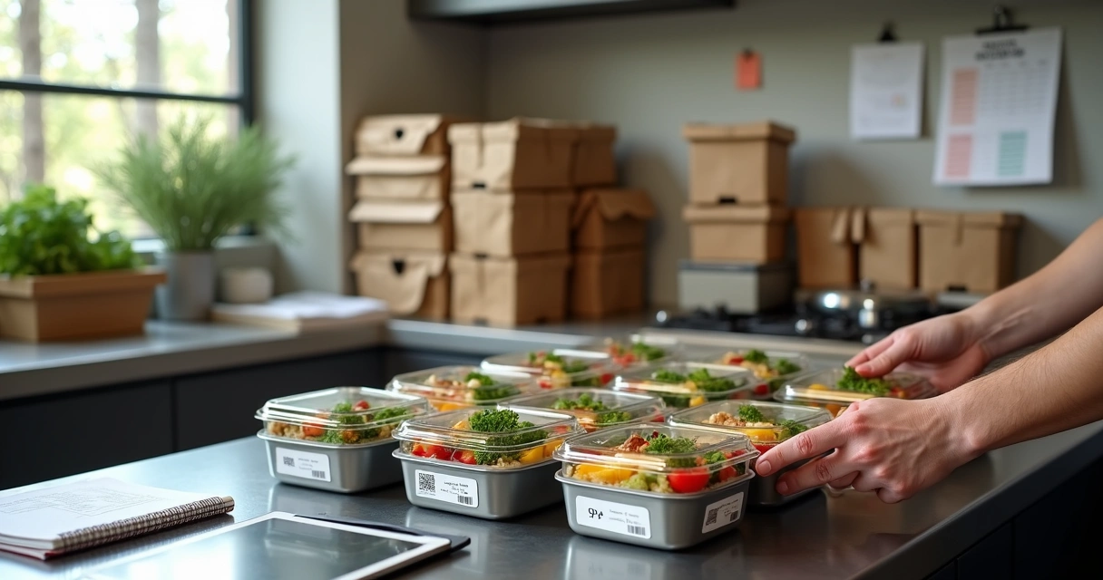 Empreendedor organiza marmitas fitness em bancada com caixas de delivery ao fundo 