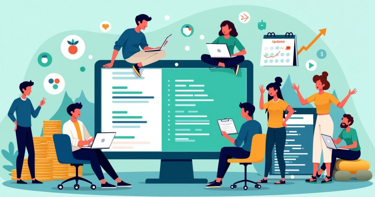 Grupo de desenvolvedores colaborando em desafios de aplicativos móveis, com códigos e simbolos tecnológicos ao fundo.