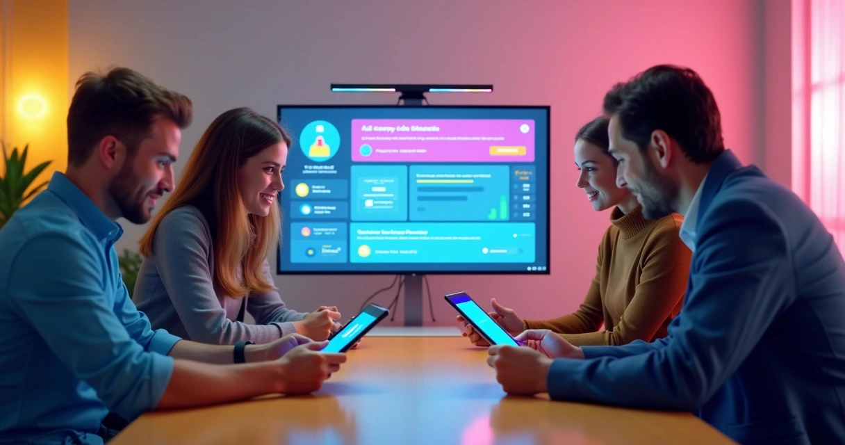 Funcionários participam de desafios digitais em um escritório moderno