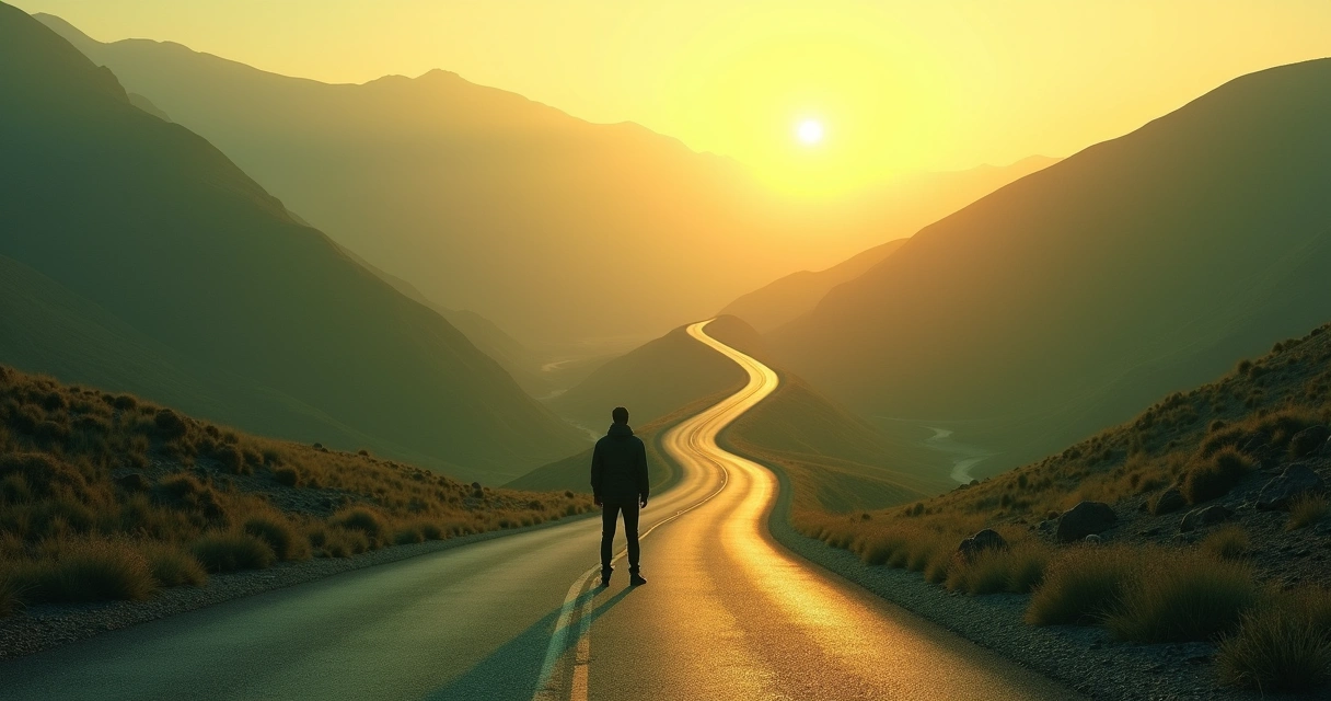 Pessoa enfrentando estrada sinuosa com sol no horizonte 
