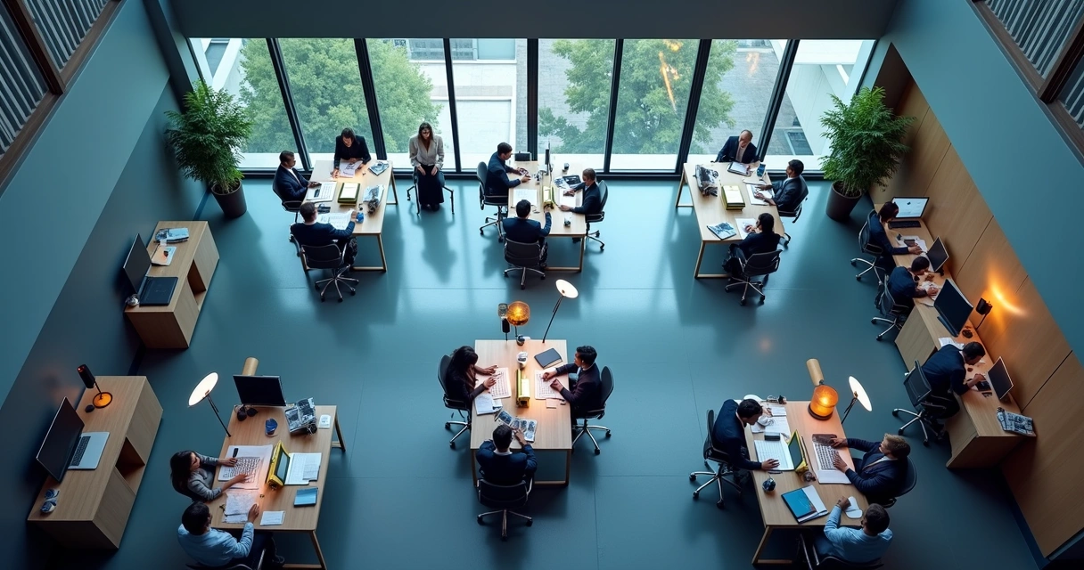 Desafios enfrentados por empresas durante a transformação digital representados em ícones digitais sobrepostos a um escritório moderno 