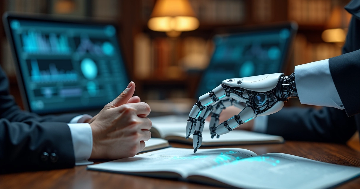 Representação de desafios éticos com advogados analisando dados e mãos humanas e robóticas se tocando 