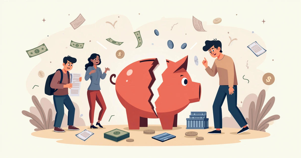 Desafios financeiros ilustrados como um cofre quebrado, contas, e um personagem preocupado.