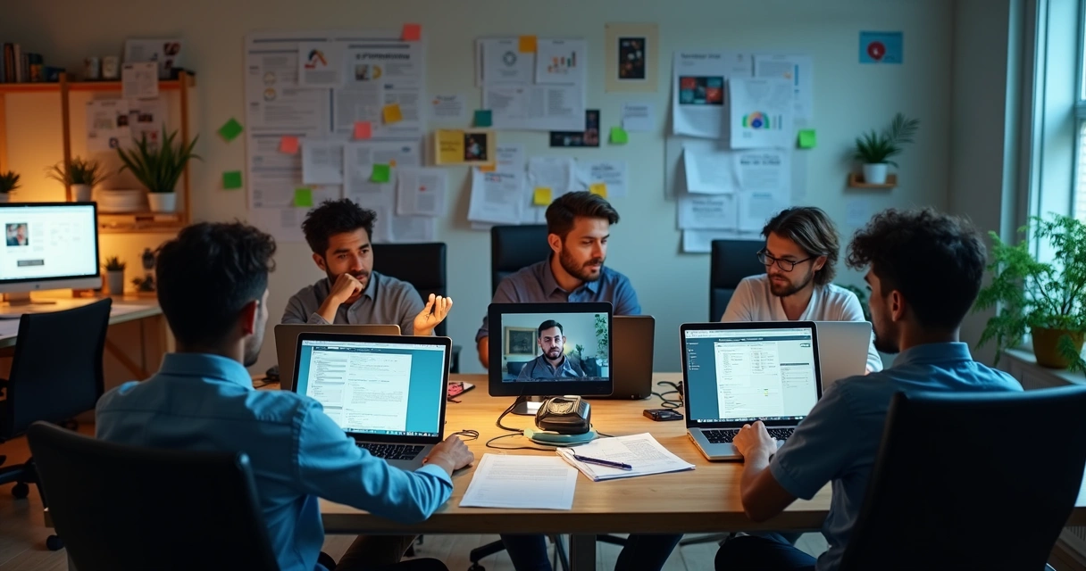 Equipe remota analisando documentos separados em computadores diferentes 