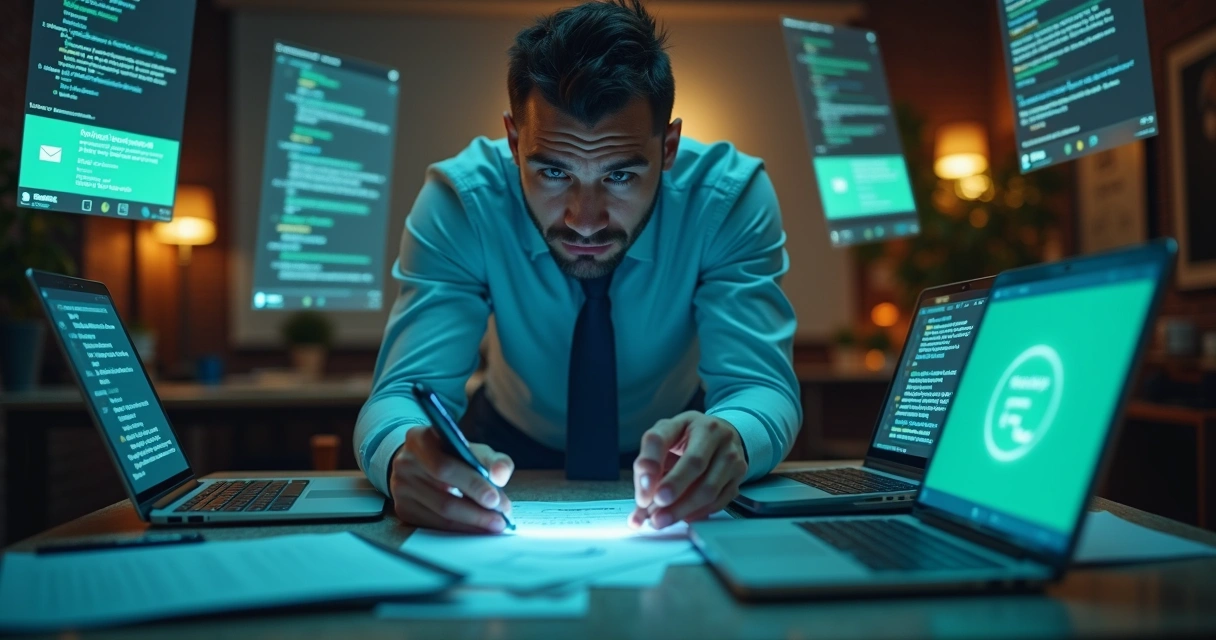 Profissional cansado diante de diversos celulares e computadores com mensagens de grupos 