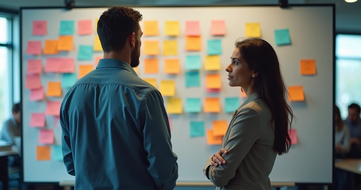 Dois membros de grupo discutindo seriamente diante de quadro com tarefas pendentes 