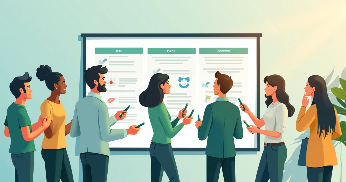 Equipe analisando quadro com riscos e soluções para grupos segmentados 