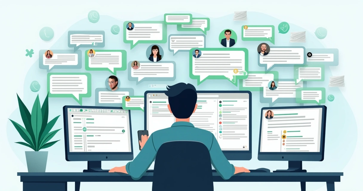 Administrador de grupo observando tela cheia de mensagens do WhatsApp 