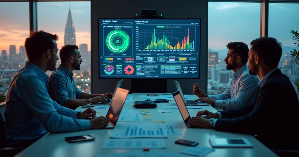 Gestores analisando painel de dados e inteligência artificial em empresa brasileira de médio porte 