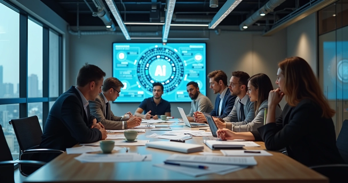 Equipe discutindo obstáculos para IA no escritório 