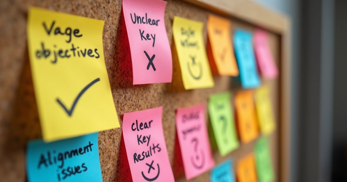 Mural com post-its coloridos mostrando erros e acertos em implementação de OKRs 