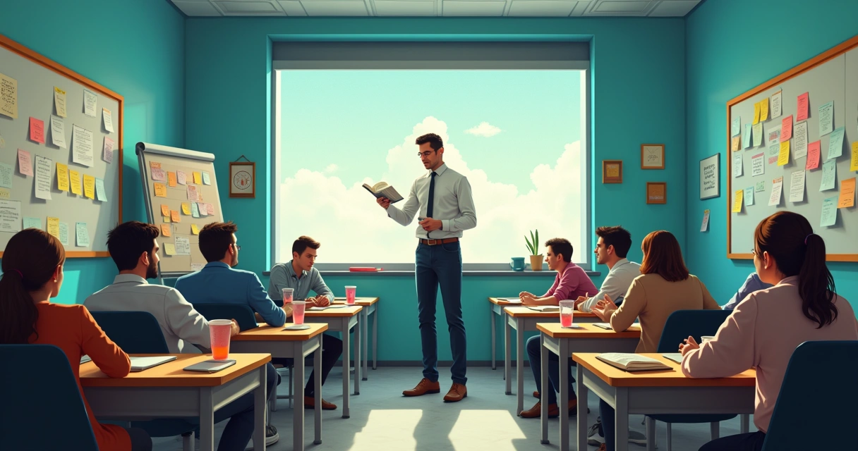 Uma sala de aula com um professor e alunos, focando na falta de recursos visuais e na coleta de dados.