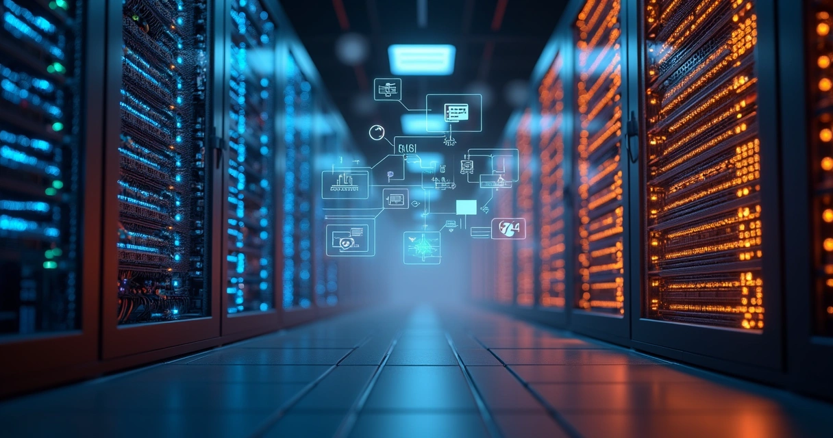 Dois servidores com cabos coloridos desconectados separados por ícones de sistemas contábeis e ERP 