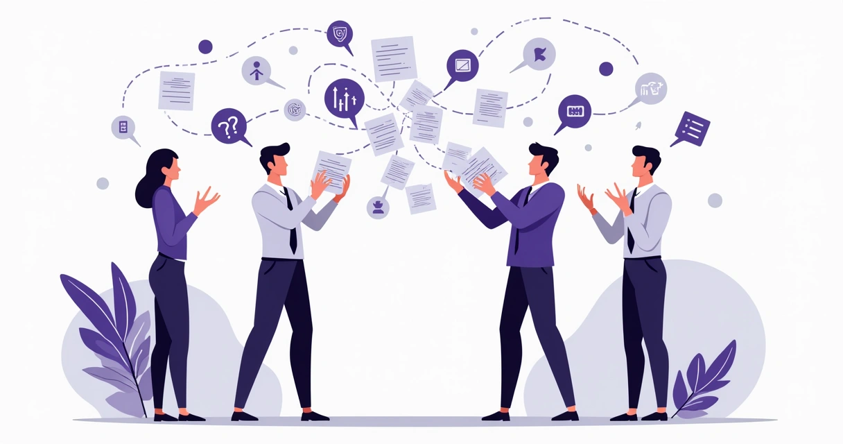 Ilustração de equipes de vendas e parceiros confusas com papéis e fluxos de informação entrelaçados, rodeadas por ícones de leads, relatórios e gráficos perdidos 