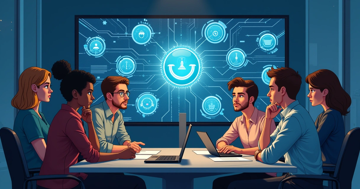 Equipe com rostos pensativos diante de tela repleta de integrações entre softwares. 