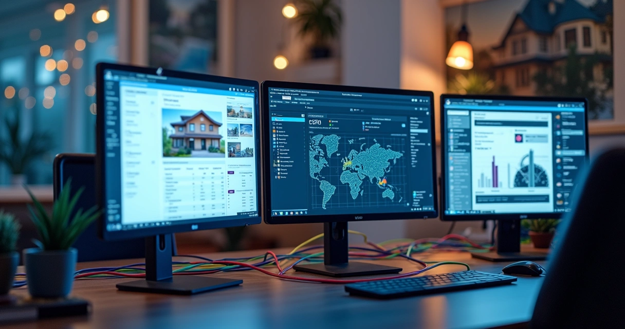 Tela de computador com diversos gráficos representando sistemas diferentes, cabos conectando CRMs, ERPs e IA 