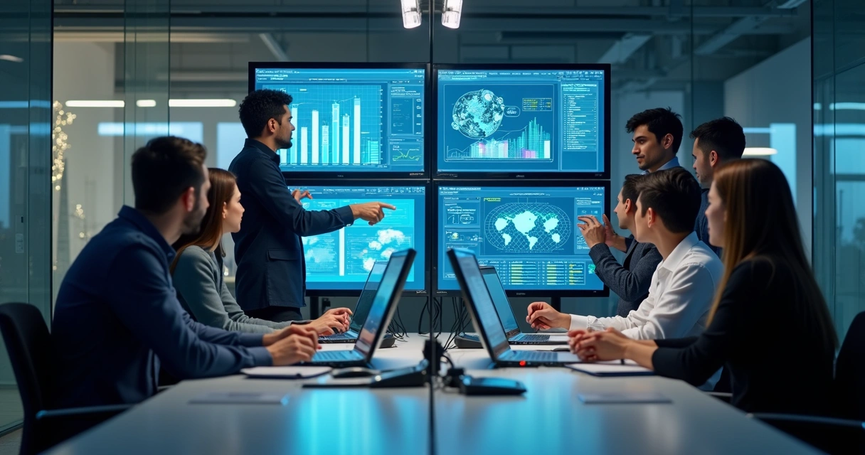 Equipe de TI reunida em torno de telas integrando sistemas diferentes 