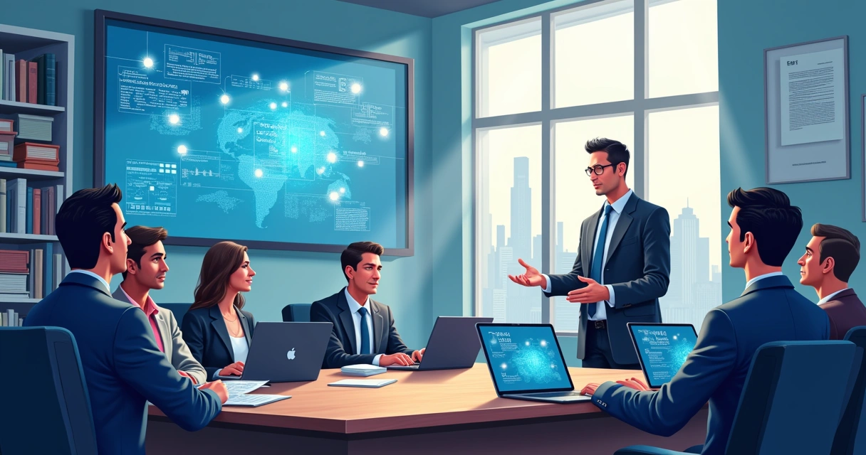 Profissionais do direito em treinamento sobre inteligência artificial com tecnologia e livros ao fundo.