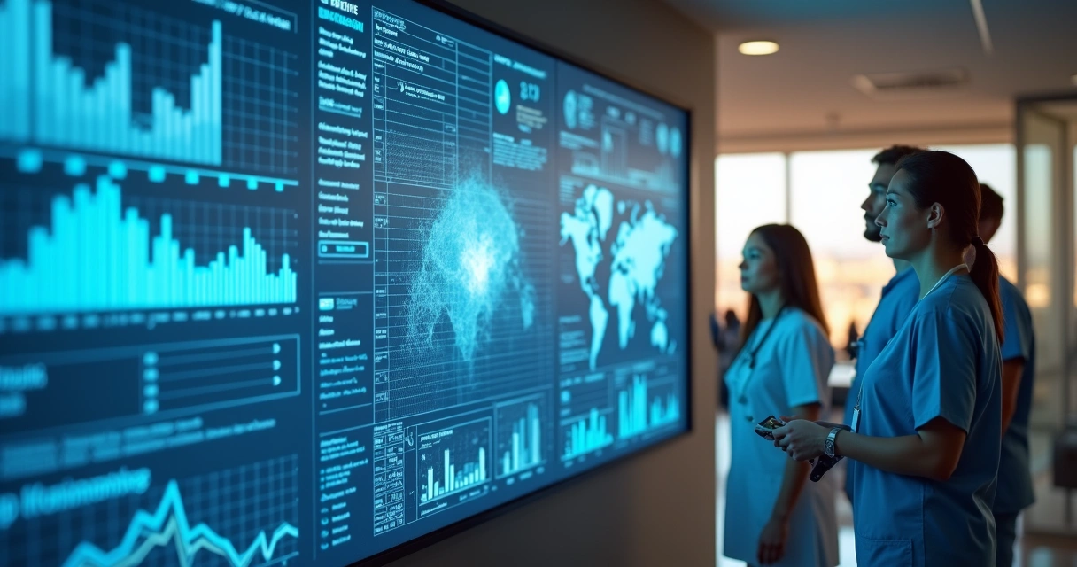 Profissionais de saúde discutindo tela com IA