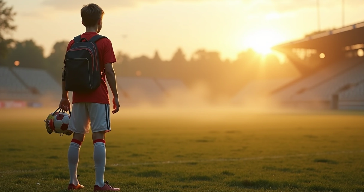 Jovem atleta sozinho olhando campo de futebol vazio antes do treino 