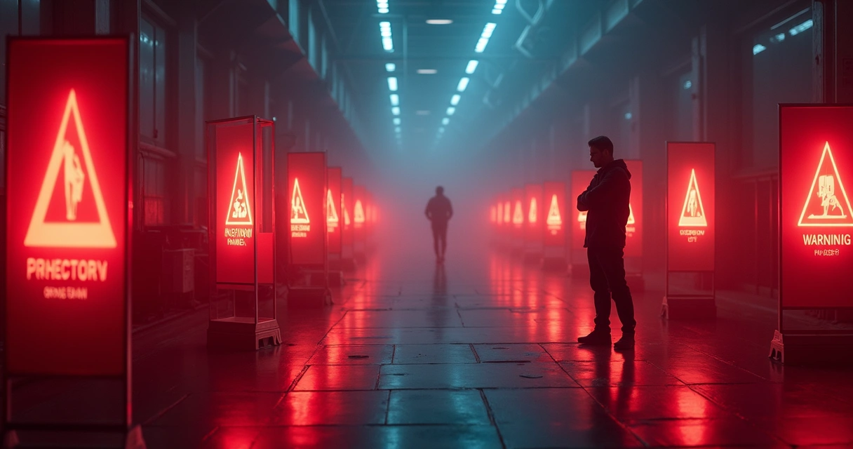 Caminho digital com barreiras e sinais de alerta representando desafios da IA em negócios 