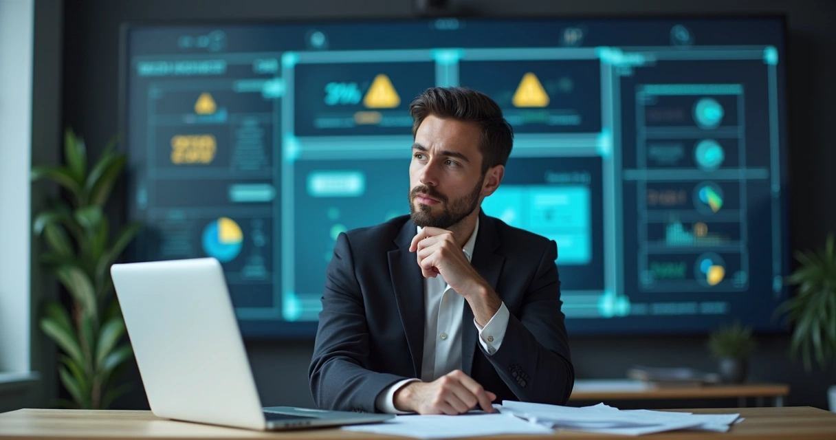 Profissional analisando obstáculos técnicos e humanos da IA