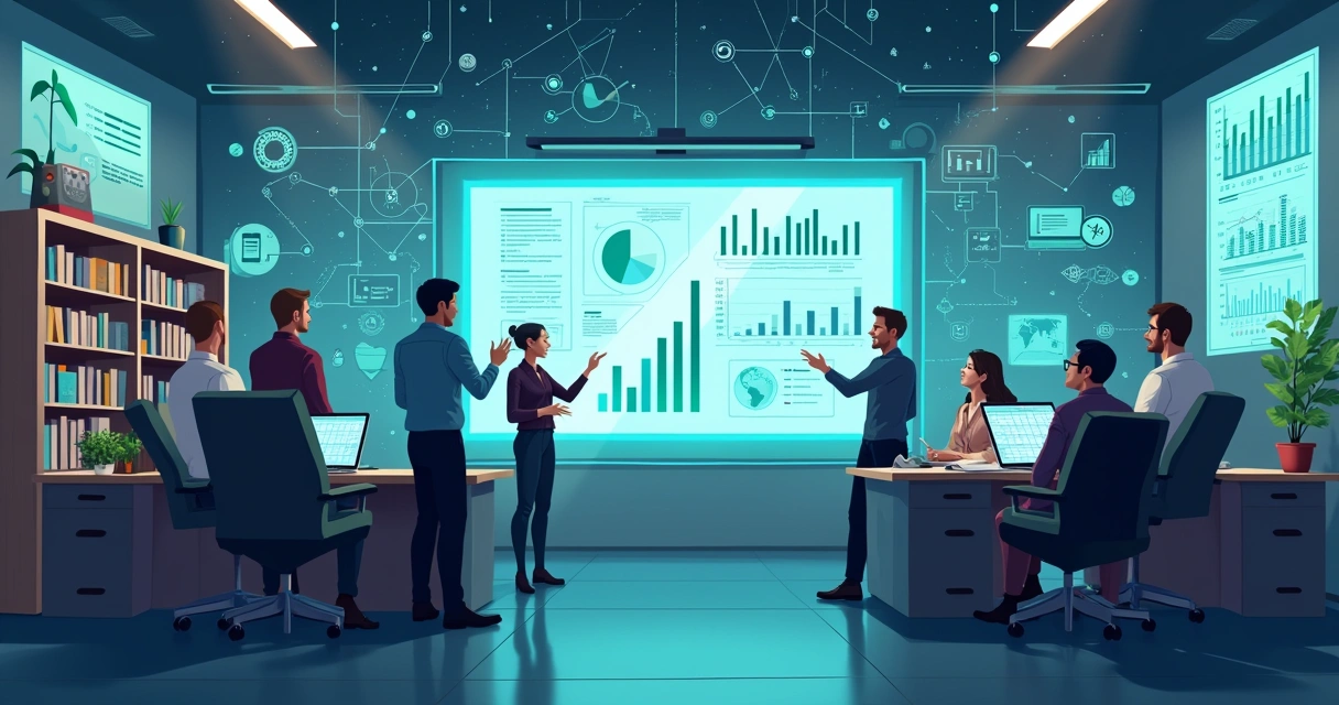 Ambiente de escritório futurista com profissionais discutindo desafios de machine learning na gestão de riscos.