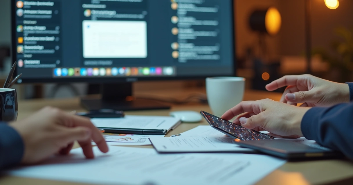 Mesa de escritório com muitos objetos e um celular recebendo notificações em destaque 