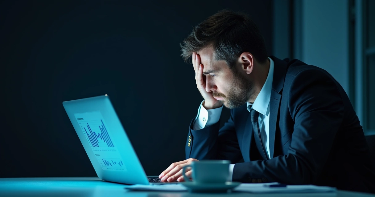 Empresário olhando para tela frustrado com gráficos de queda de campanha digital