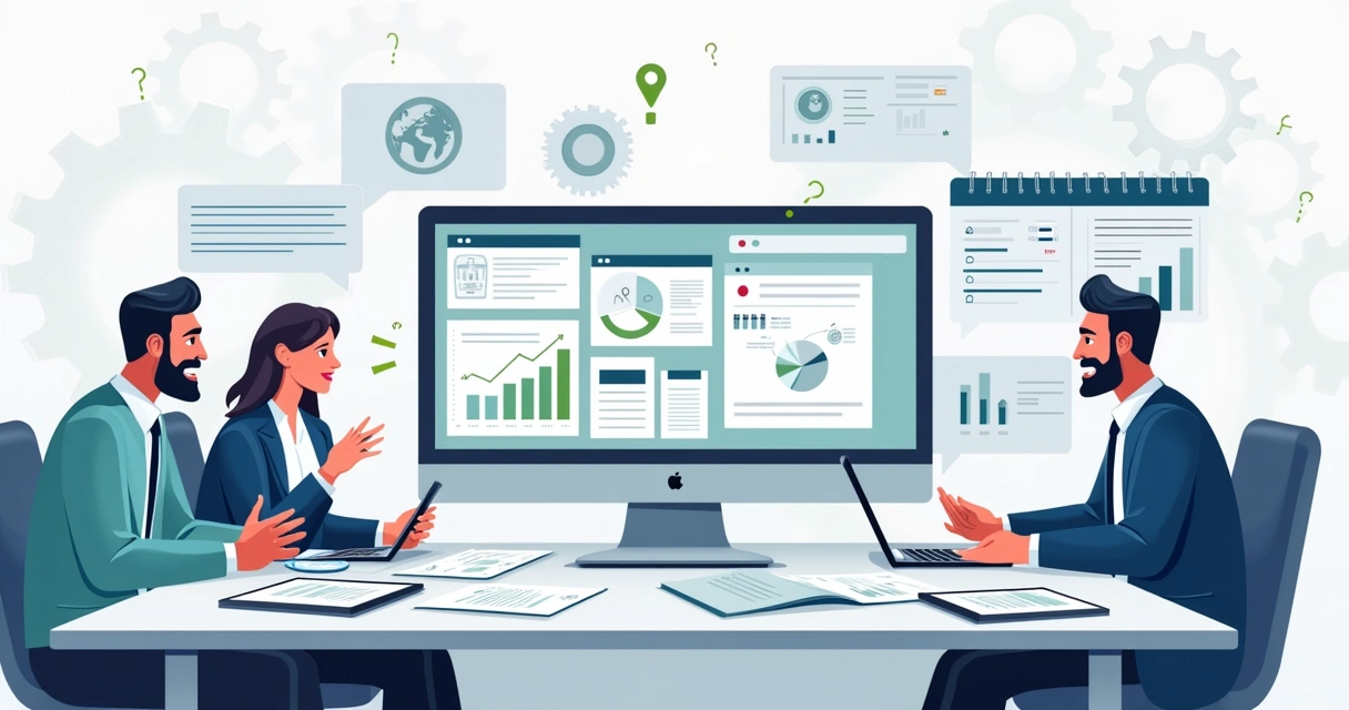 Ambiente de escritório com equipe treinando para automação, computador com interface e gráficos, elementos tecnológicos.