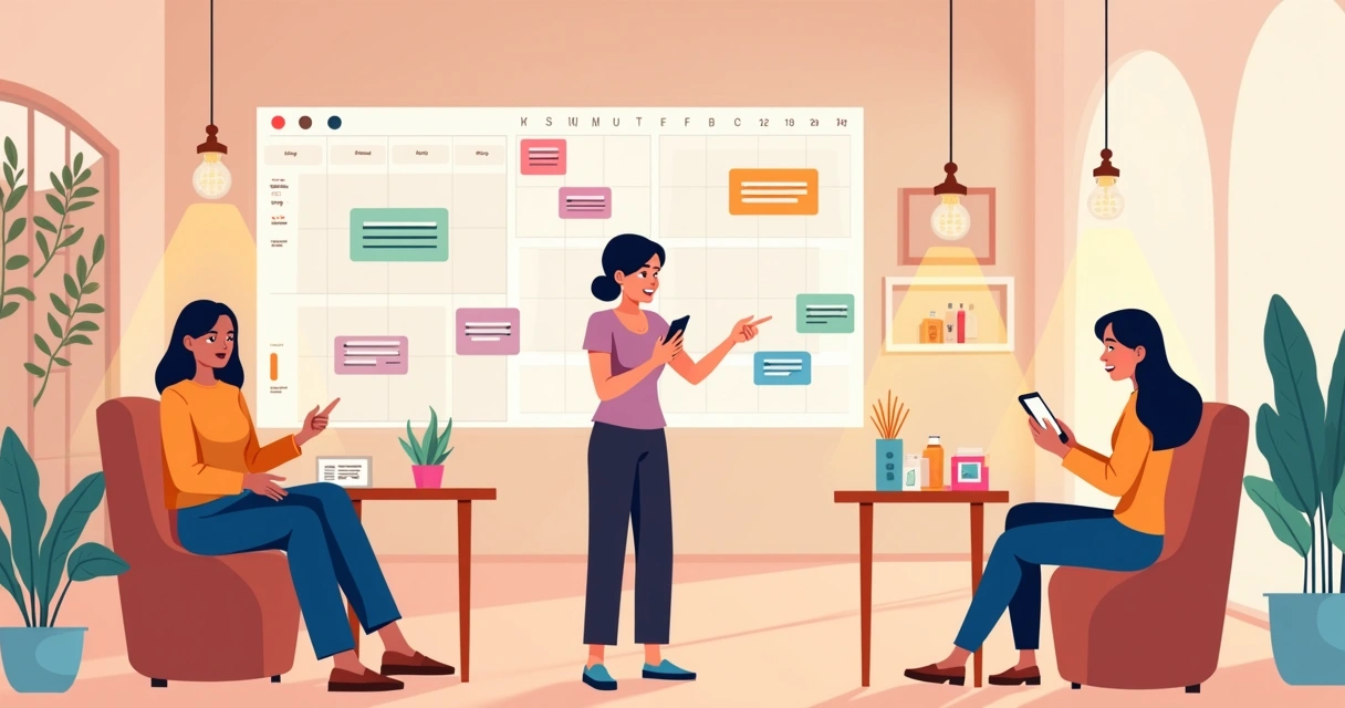 Salão de beleza moderno com calendário digital mostrando conflitos de agendamento e cliente distraído no celular.