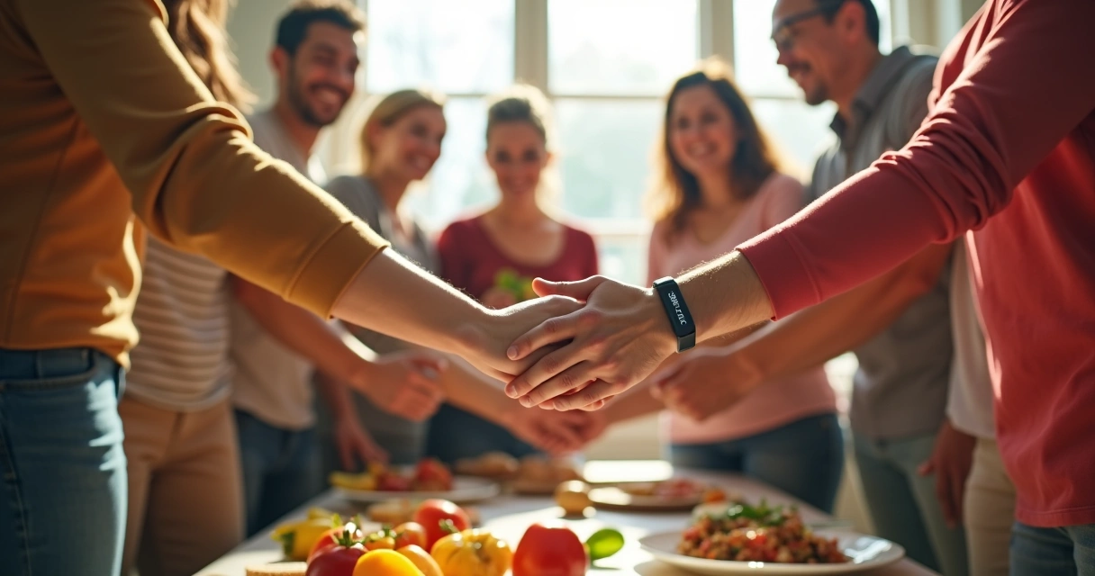 Grupo em círculo usando pulseiras fitness participando de desafio de nutrição