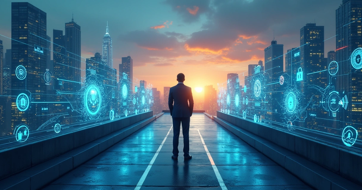Executivo diante de rotas que simbolizam desafios e oportunidades na automação de IA 