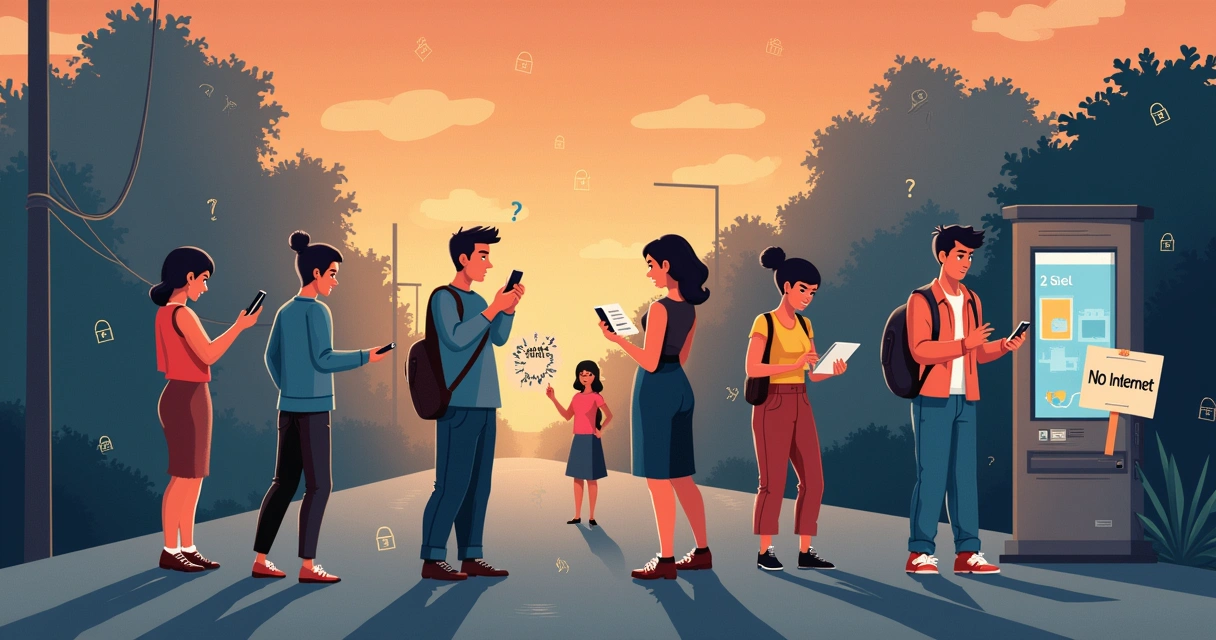 Grupo de personas enfrentando desafíos con pagos digitales, como falta de acceso y confusión con la tecnología.